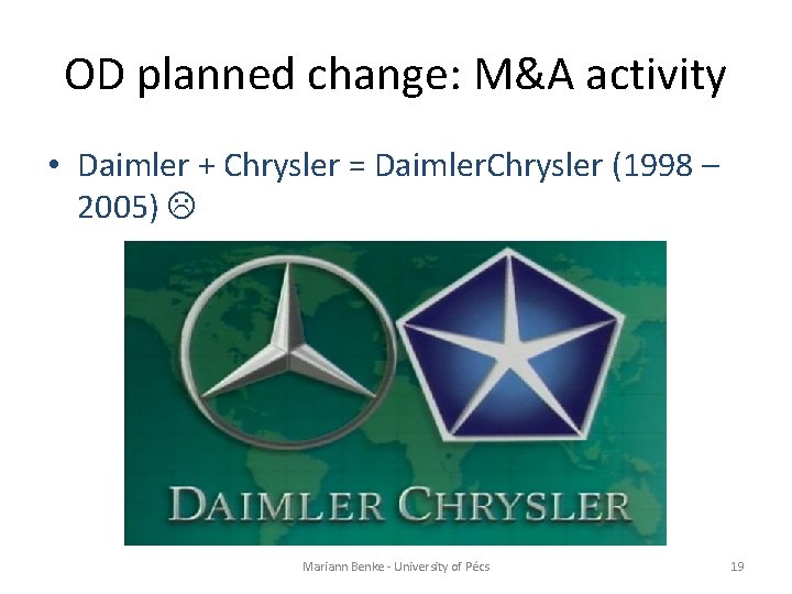 OD planned change: M&A activity • Daimler + Chrysler = Daimler. Chrysler (1998 –