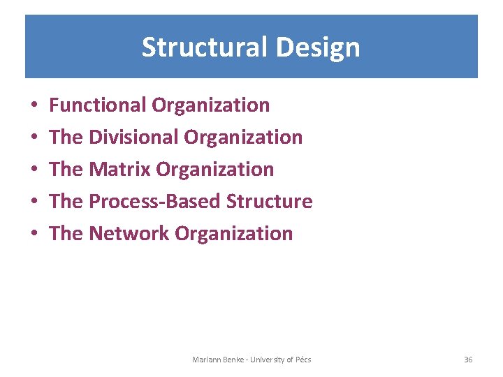 Structural Design • • • Functional Organization The Divisional Organization The Matrix Organization The