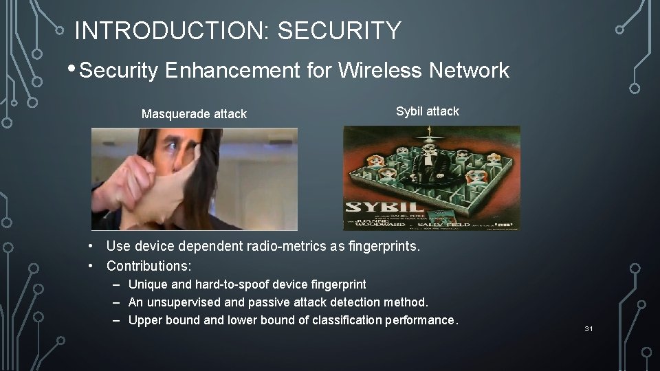 INTRODUCTION: SECURITY • Security Enhancement for Wireless Network Masquerade attack Sybil attack • Use