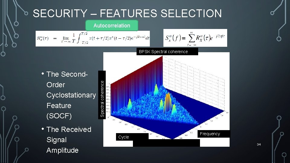 SECURITY – FEATURES SELECTION Autocorrelation BPSK Spectral coherence Order Cyclostationary Feature (SOCF) Spectral coherence