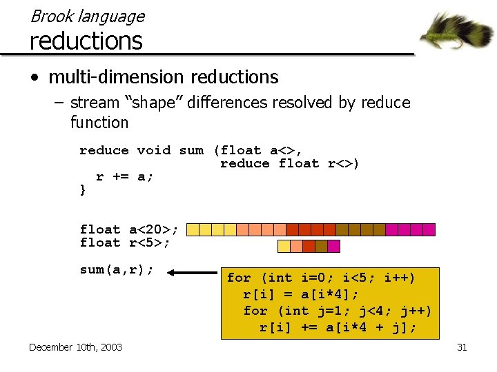 Brook language reductions • multi-dimension reductions – stream “shape” differences resolved by reduce function