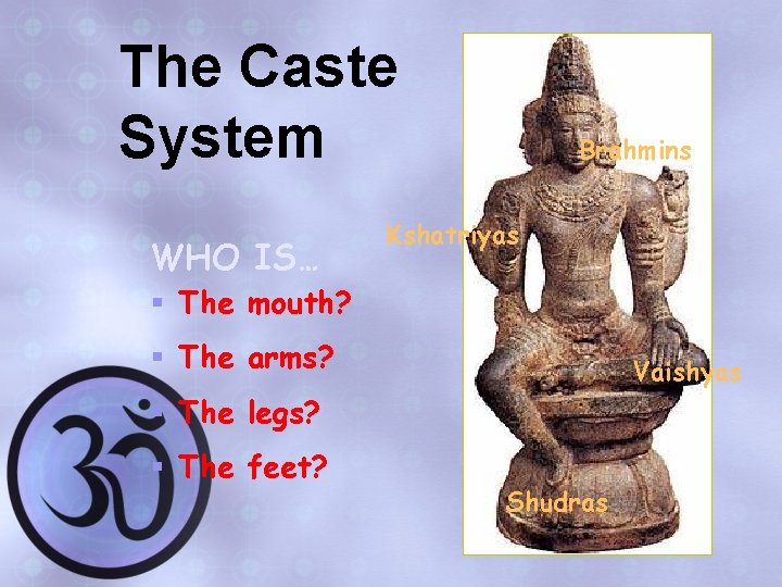 The Caste System WHO IS… Brahmins Kshatriyas § The mouth? § The arms? Vaishyas