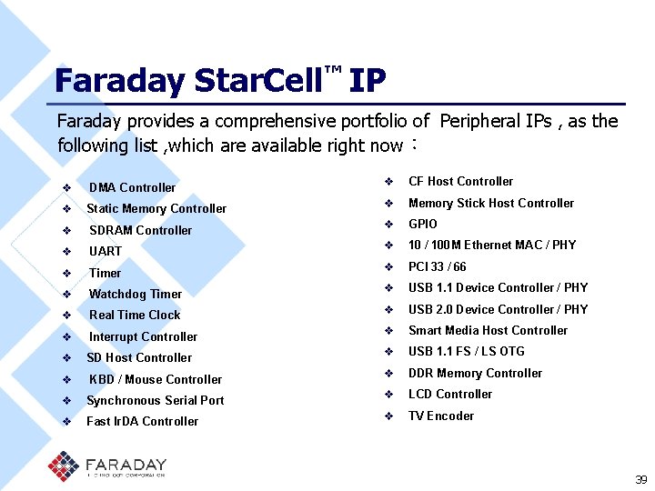 Faraday Star. Cell™ IP Faraday provides a comprehensive portfolio of Peripheral IPs , as