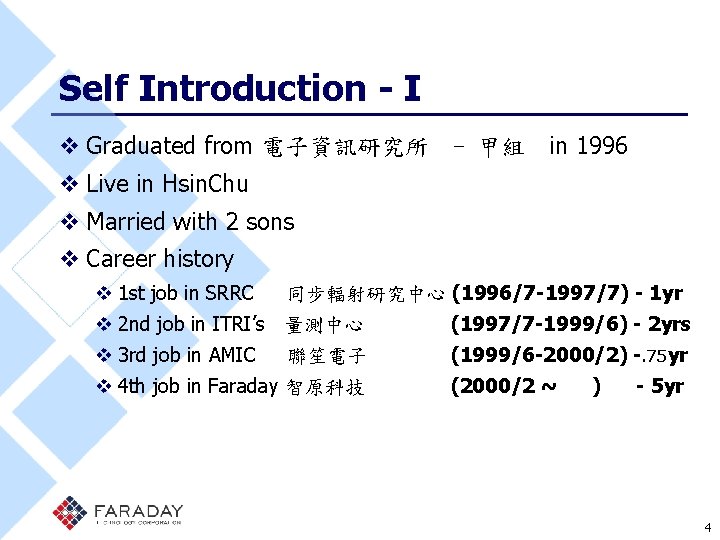 Self Introduction - I v Graduated from 電子資訊研究所　- 甲組　in 1996 v Live in Hsin.