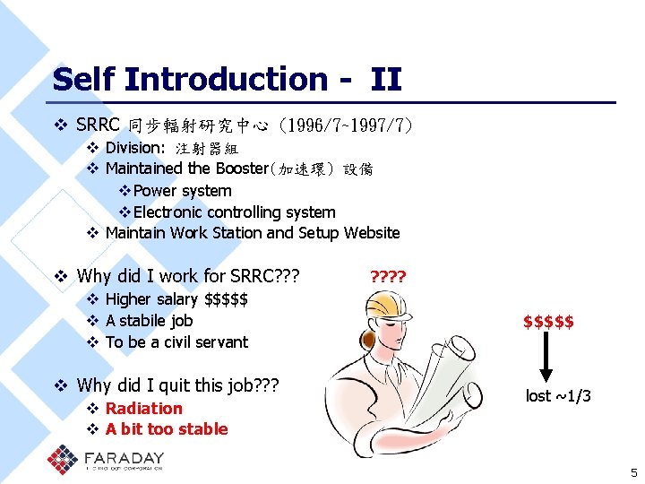 Self Introduction - II v SRRC 同步輻射研究中心 (1996/7~1997/7) v Division: 注射器組 v Maintained the