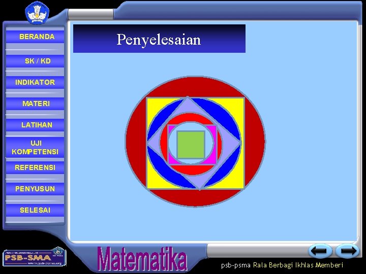 BERANDA Penyelesaian SK / KD INDIKATOR MATERI LATIHAN UJI KOMPETENSI REFERENSI PENYUSUN SELESAI psb-psma