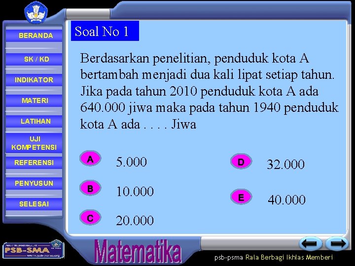 BERANDA SK / KD INDIKATOR MATERI LATIHAN Soal No 1 Berdasarkan penelitian, penduduk kota