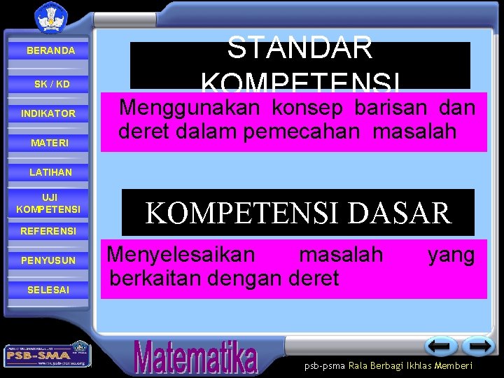 BERANDA SK / KD INDIKATOR MATERI STANDAR KOMPETENSI Menggunakan konsep barisan deret dalam pemecahan