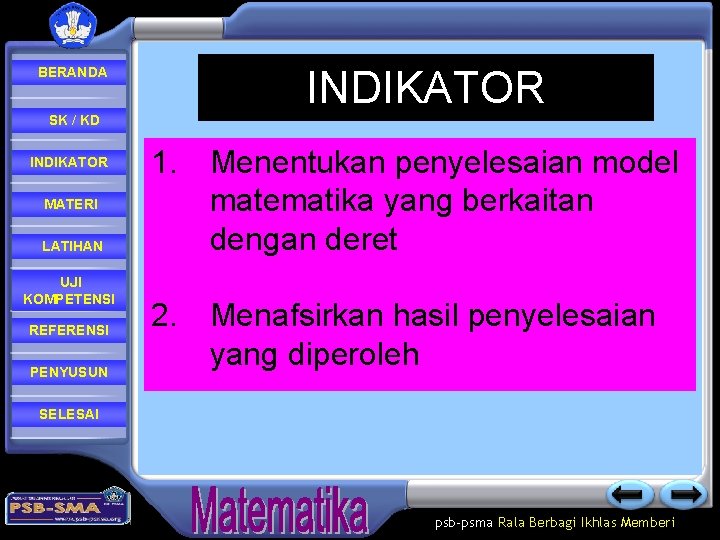 BERANDA SK / KD INDIKATOR MATERI LATIHAN UJI KOMPETENSI REFERENSI PENYUSUN INDIKATOR 1. Menentukan