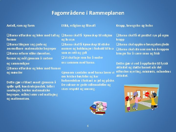 Fagområdene i Rammeplanen Antall, rom og form Etikk, religion og filosofi q. Barna utforsker