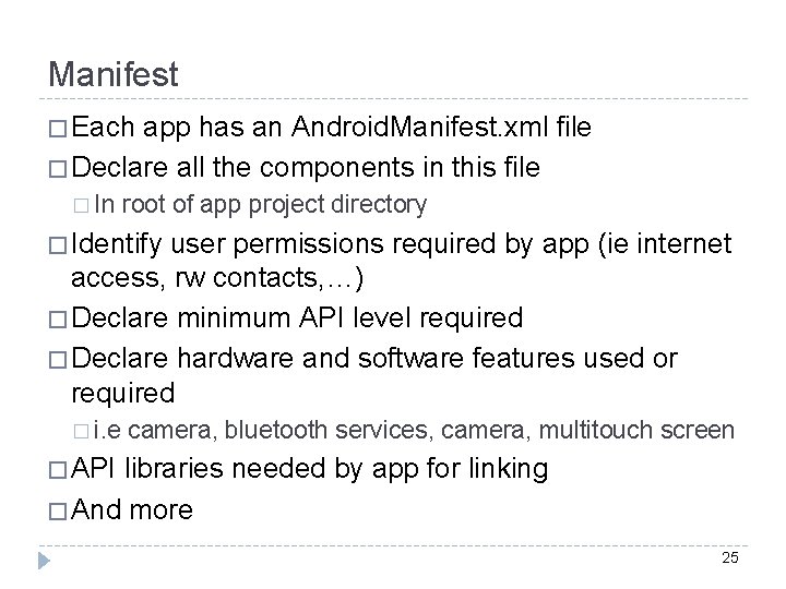 Manifest � Each app has an Android. Manifest. xml file � Declare all the