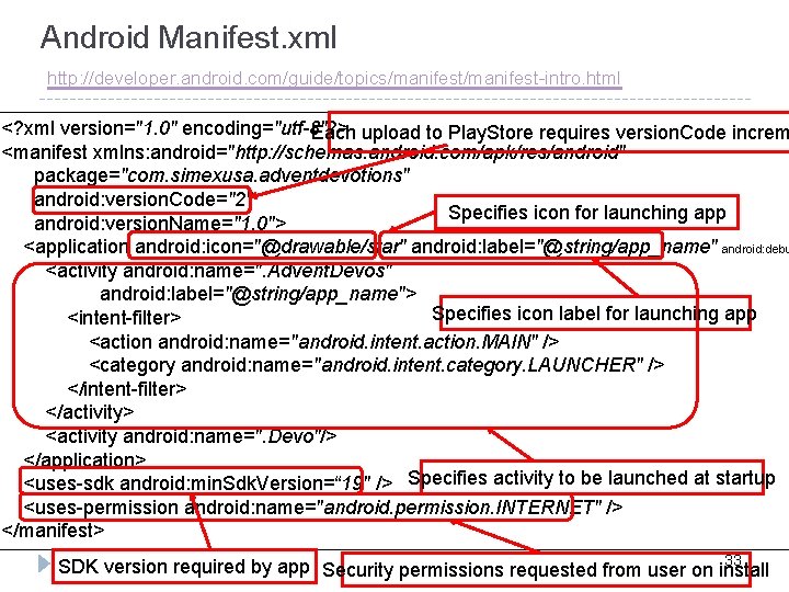 Android Manifest. xml http: //developer. android. com/guide/topics/manifest-intro. html <? xml version="1. 0" encoding="utf-8"? >