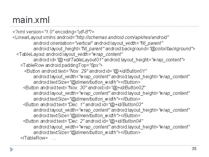 main. xml <? xml version="1. 0" encoding="utf-8"? > <Linear. Layout xmlns: android="http: //schemas. android.