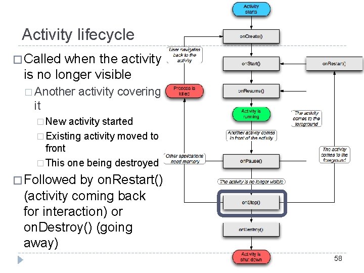 Activity lifecycle � Called when the activity is no longer visible � Another activity