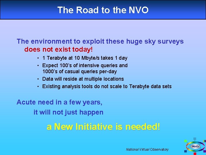 The Road to the NVO The environment to exploit these huge sky surveys does