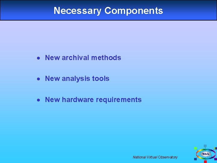Necessary Components · New archival methods · New analysis tools · New hardware requirements
