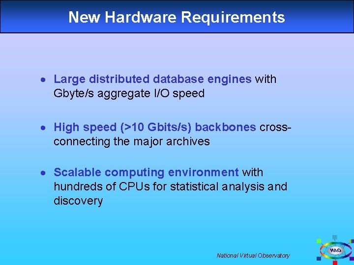 New Hardware Requirements · Large distributed database engines with Gbyte/s aggregate I/O speed ·