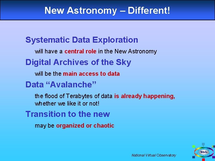 New Astronomy – Different! Systematic Data Exploration will have a central role in the