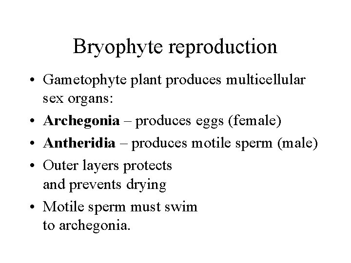 Bryophyte reproduction • Gametophyte plant produces multicellular sex organs: • Archegonia – produces eggs