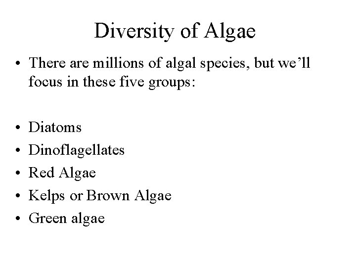 Diversity of Algae • There are millions of algal species, but we’ll focus in