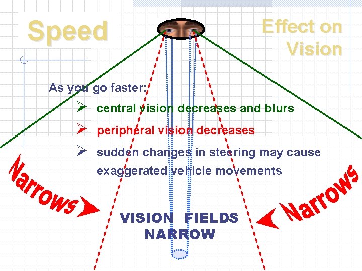 Effect on Vision Speed As you go faster: Ø Ø Ø central vision decreases