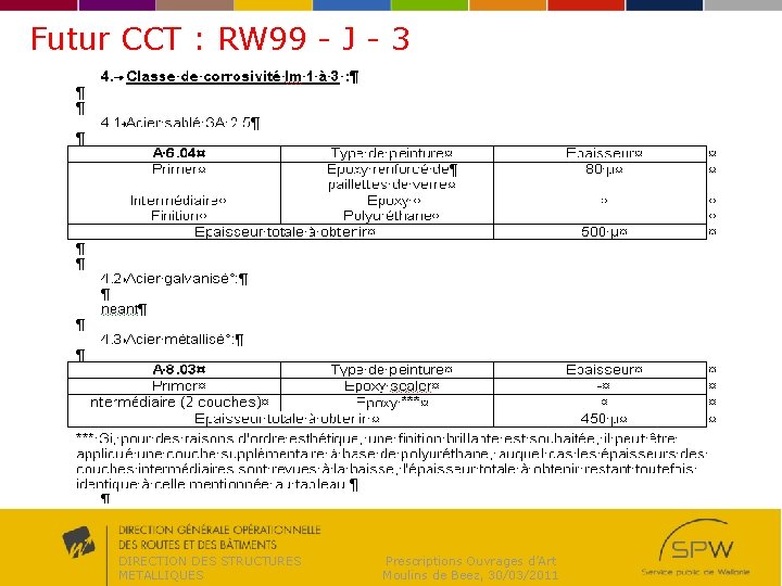 Futur CCT : RW 99 - J - 3 DIRECTION DES STRUCTURES METALLIQUES Prescriptions