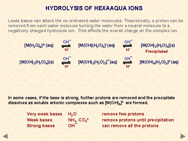 HYDROLYSIS OF HEXAAQUA IONS Lewis bases can attack the co-ordinated water molecules. Theoretically, a