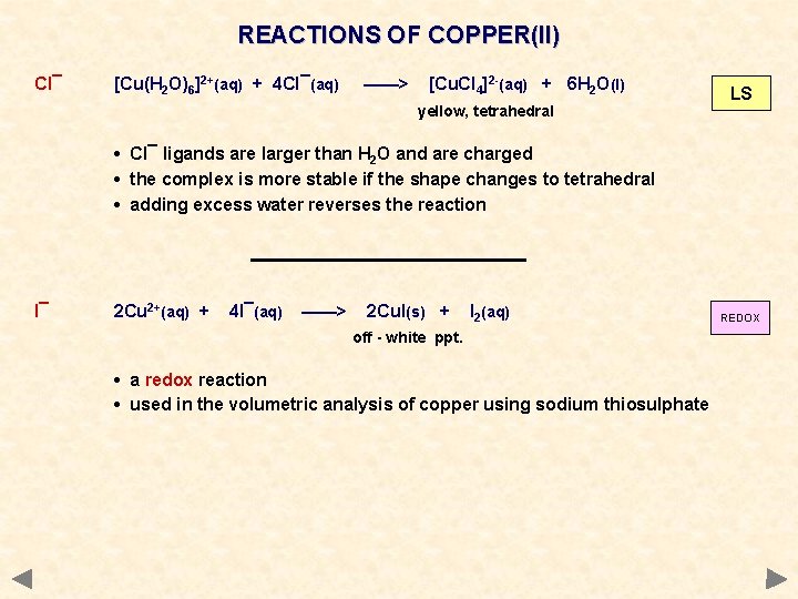 REACTIONS OF COPPER(II) Cl¯ [Cu(H 2 O)6]2+(aq) + 4 Cl¯(aq) ——> [Cu. Cl 4]2