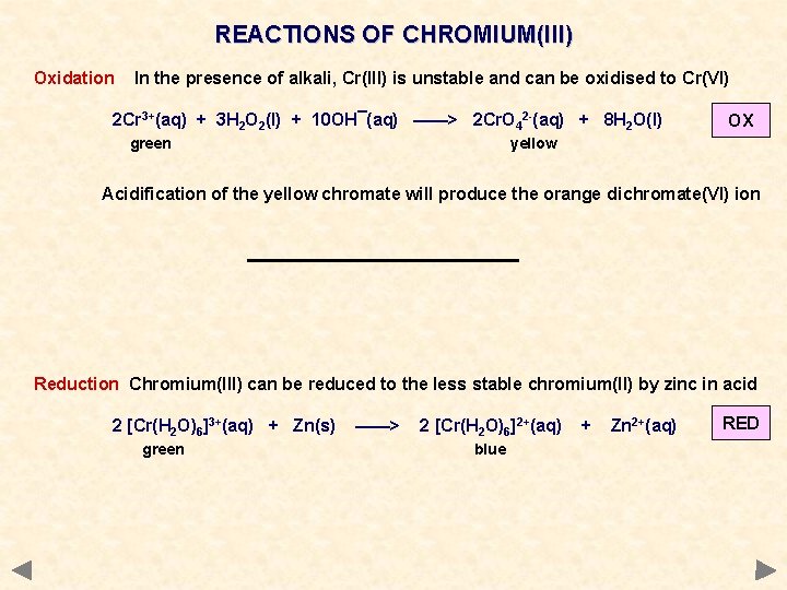 REACTIONS OF CHROMIUM(III) Oxidation In the presence of alkali, Cr(III) is unstable and can