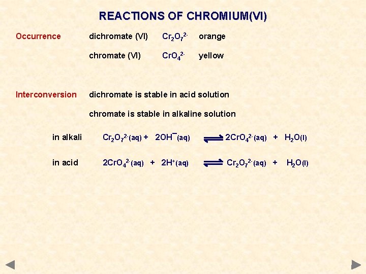 REACTIONS OF CHROMIUM(VI) Occurrence Interconversion dichromate (VI) Cr 2 O 72 - orange chromate