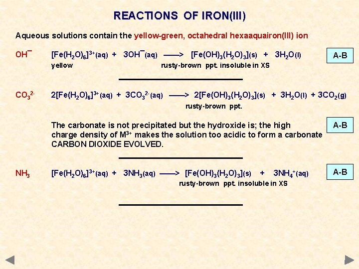 REACTIONS OF IRON(III) Aqueous solutions contain the yellow-green, octahedral hexaaquairon(III) ion OH¯ [Fe(H 2