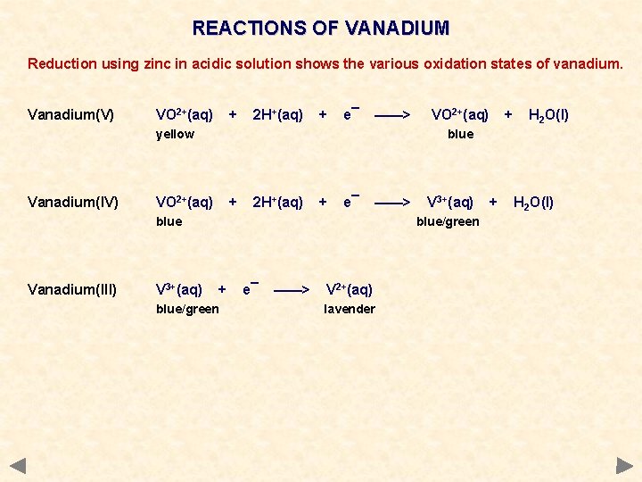 REACTIONS OF VANADIUM Reduction using zinc in acidic solution shows the various oxidation states