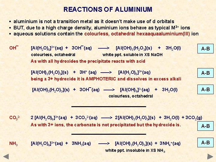 REACTIONS OF ALUMINIUM • aluminium is not a transition metal as it doesn’t make