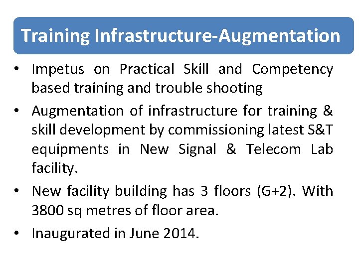 Training Infrastructure-Augmentation • Impetus on Practical Skill and Competency based training and trouble shooting