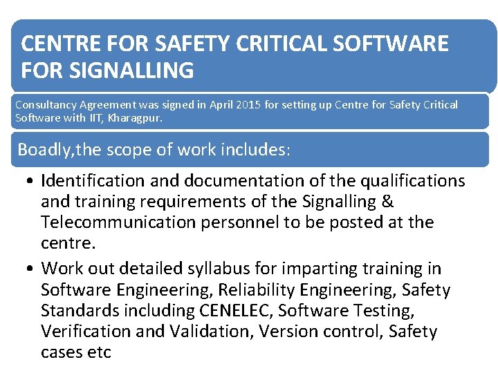 CENTRE FOR SAFETY CRITICAL SOFTWARE FOR SIGNALLING Consultancy Agreement was signed in April 2015