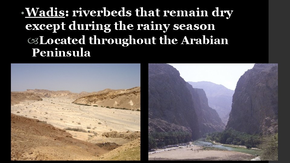  • Wadis: riverbeds that remain dry except during the rainy season Located throughout