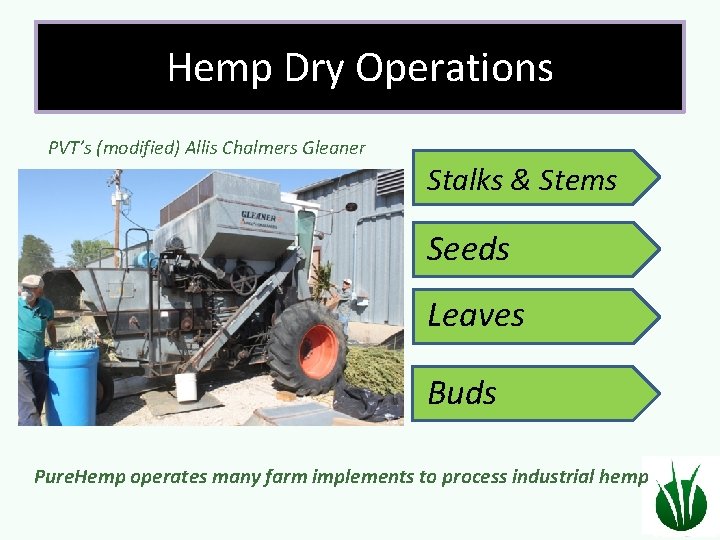 Hemp Dry Operations PVT’s (modified) Allis Chalmers Gleaner Stalks & Stems Seeds Leaves Buds
