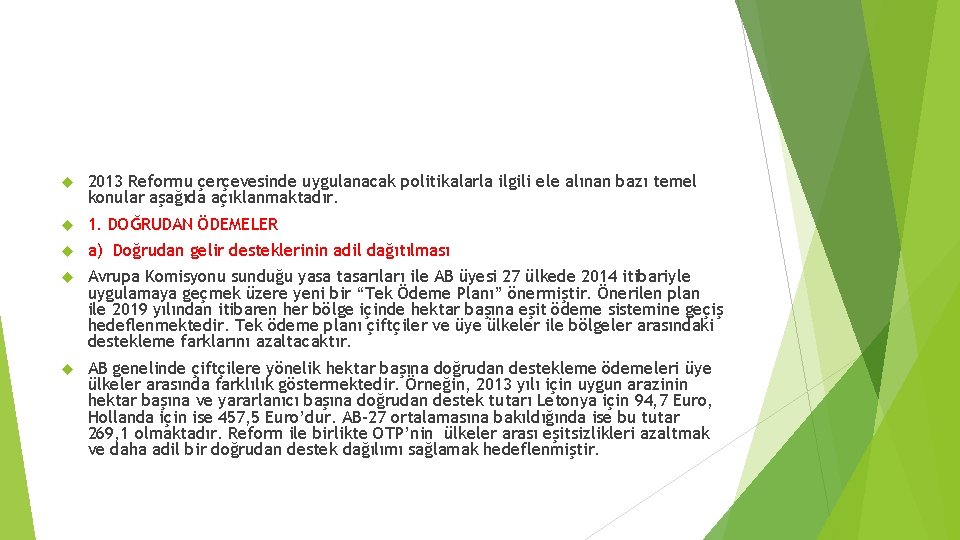  2013 Reformu çerçevesinde uygulanacak politikalarla ilgili ele alınan bazı temel konular aşağıda açıklanmaktadır.
