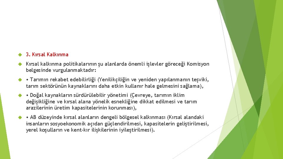  3. Kırsal Kalkınma Kırsal kalkınma politikalarının şu alanlarda önemli işlevler göreceği Komisyon belgesinde