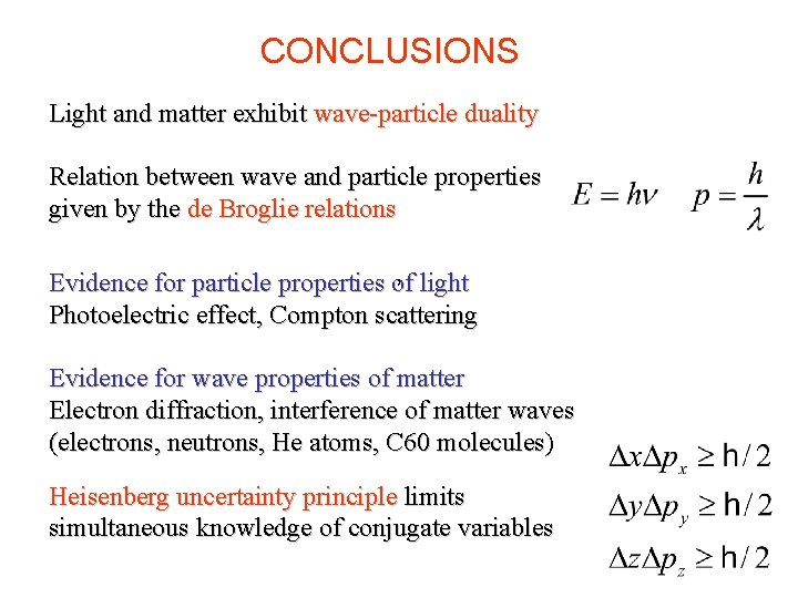 CONCLUSIONS Light and matter exhibit wave-particle duality Relation between wave and particle properties given