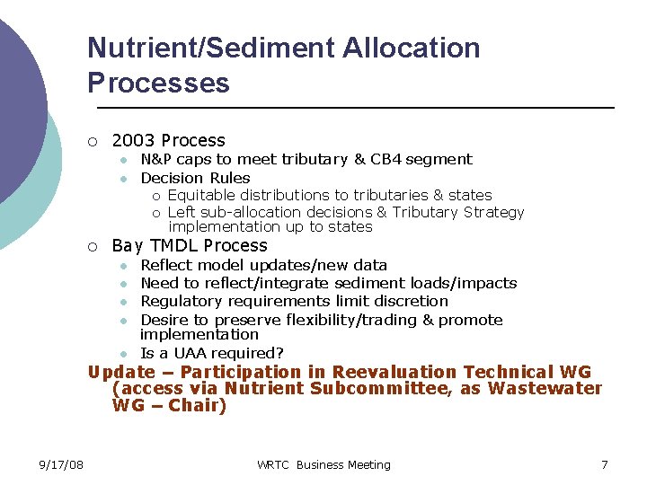 Nutrient/Sediment Allocation Processes ¡ 2003 Process l l N&P caps to meet tributary &