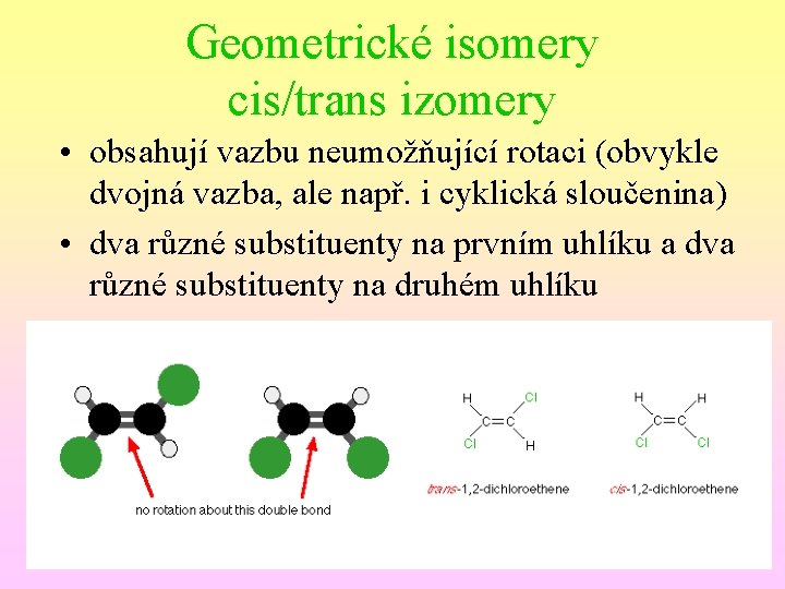 Geometrické isomery cis/trans izomery • obsahují vazbu neumožňující rotaci (obvykle dvojná vazba, ale např.