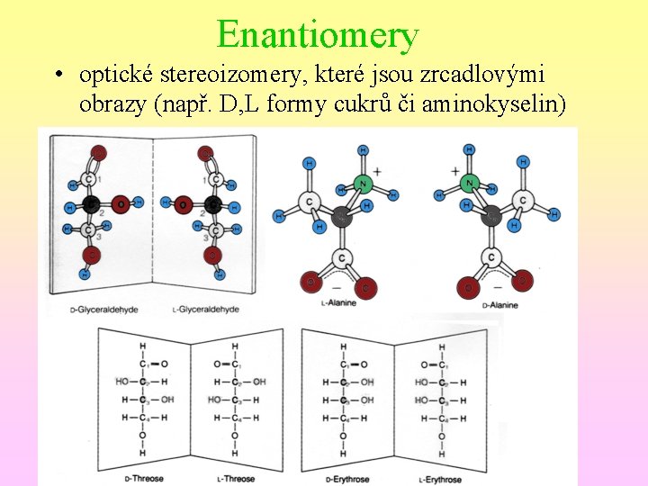 Enantiomery • optické stereoizomery, které jsou zrcadlovými obrazy (např. D, L formy cukrů či