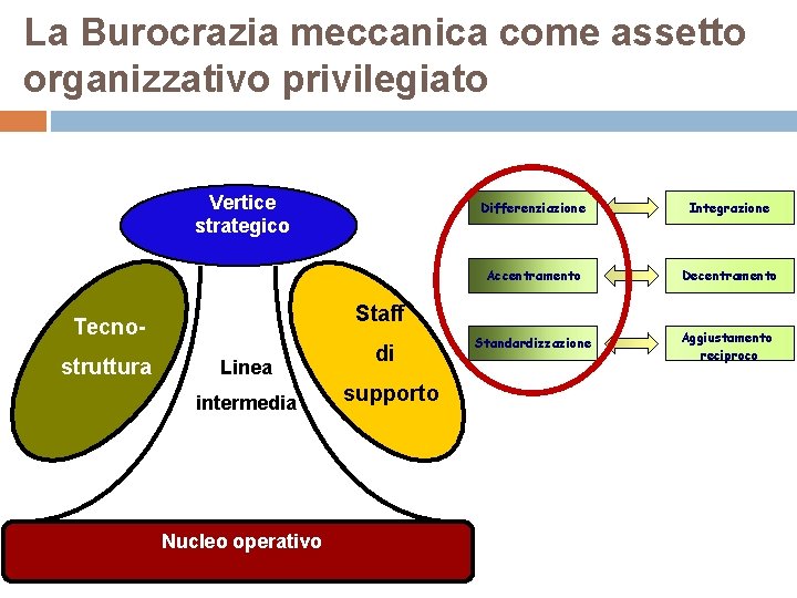 La Burocrazia meccanica come assetto organizzativo privilegiato Vertice strategico Linea intermedia Nucleo operativo 18