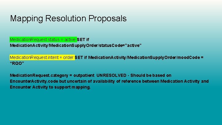 Mapping Resolution Proposals Medication. Request. status = active SET if Medication. Activity/Medication. Supply. Order/status.