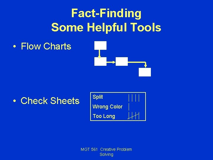 Fact-Finding Some Helpful Tools • Flow Charts • Check Sheets Split Wrong Color Too
