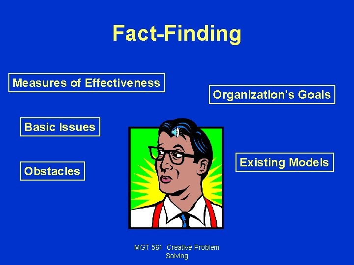 Fact-Finding Measures of Effectiveness Organization’s Goals Basic Issues Existing Models Obstacles MGT 561 Creative