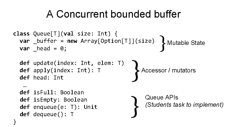 A Concurrent bounded buffer class Queue[T](val size: Int) { var _buffer = new Array[Option[T]](size)