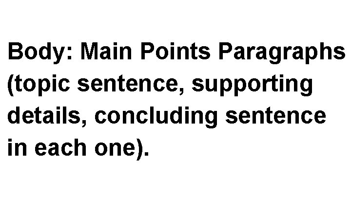 Body: Main Points Paragraphs (topic sentence, supporting details, concluding sentence in each one). 