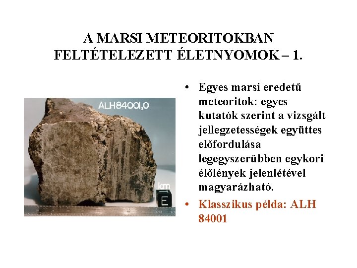 A MARSI METEORITOKBAN FELTÉTELEZETT ÉLETNYOMOK – 1. • Egyes marsi eredetű meteoritok: egyes kutatók